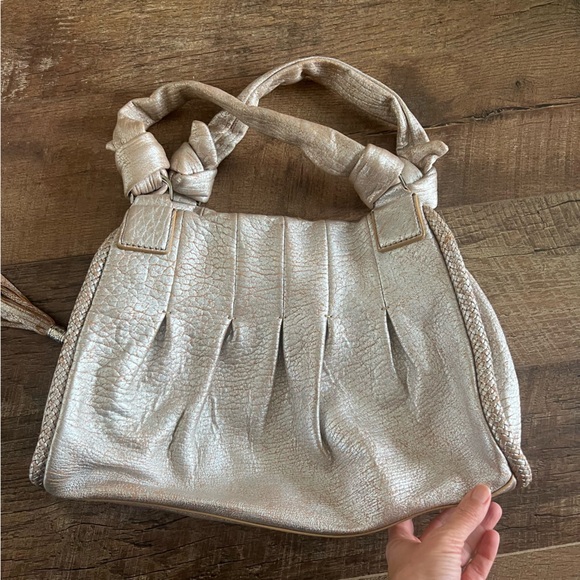 Cole Haan Metallic Beige Leather Pleated Hobo Purse Tassel - Picture 13 of 16